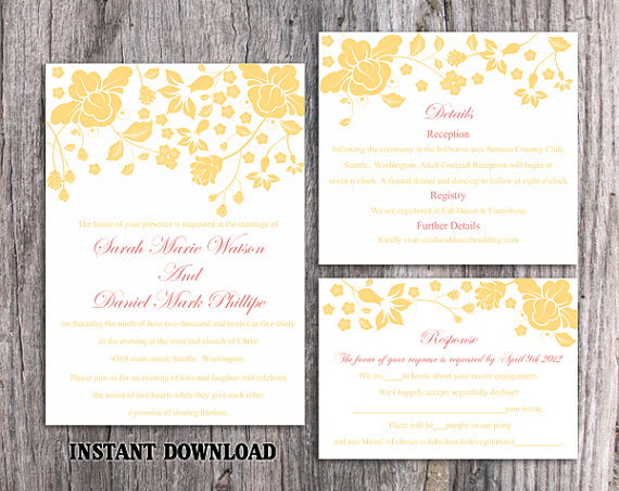 Свадьба - DIY Wedding Invitation Template Set Editable Word File Instant Download Printable Invitations Floral Wedding Invitation Yellow Invitations