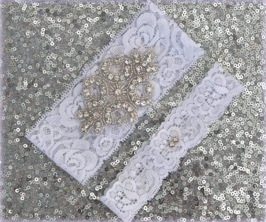 زفاف - Wedding Garter Set - WHITE Lace SILVER Rhinestone Crest Show & Dual Stud Toss - other colors available