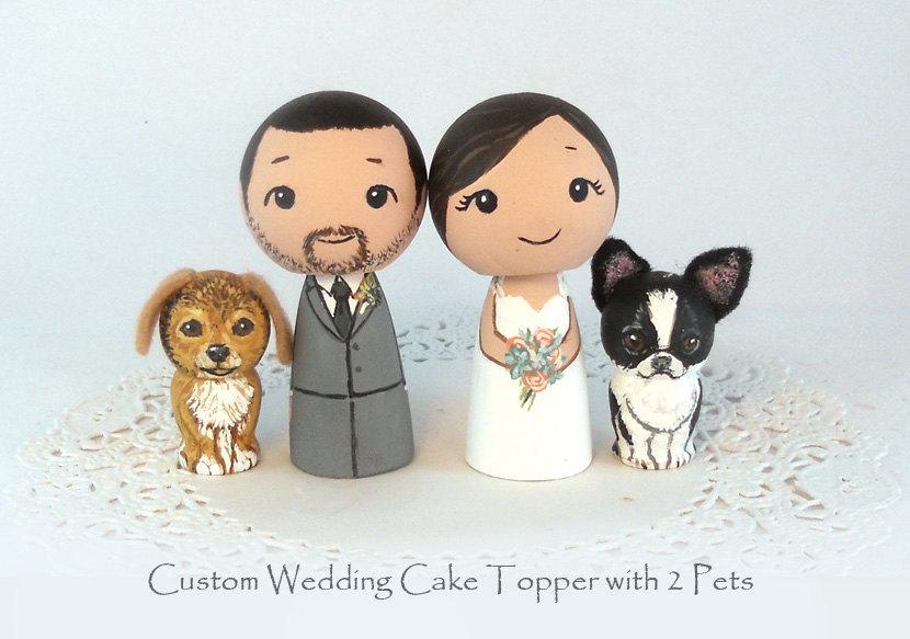 Свадьба - Custom Wedding Cake Toppers 2 Pets Bride Groom Dog Cat Kokeshi Doll Personalized Family Toppers wedding Decor