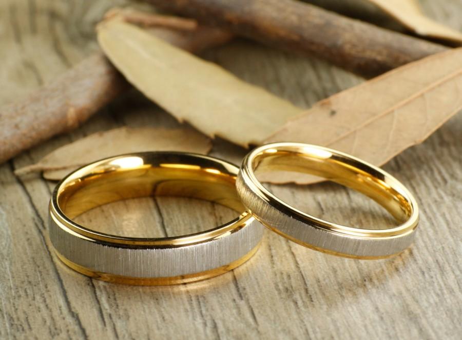 Wedding - Custom Gifts His and Her Promise Rings - Yellow Gold Wedding Titanium Rings Set