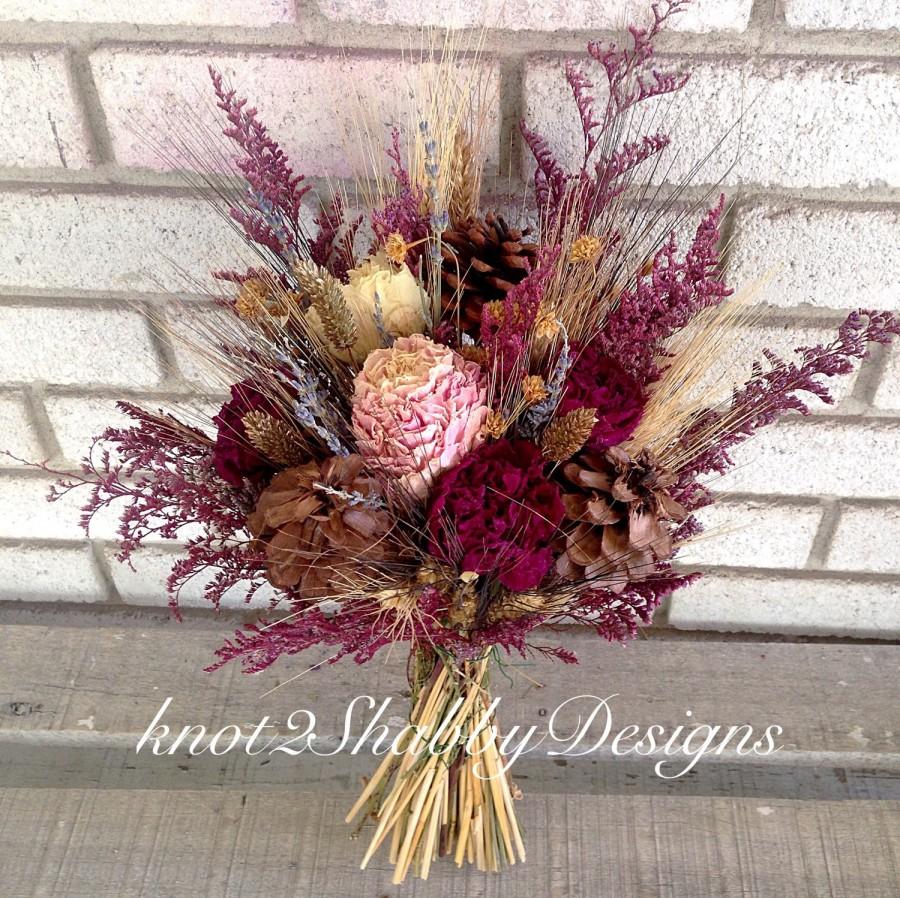 Hochzeit - Fall bridal bouquet - dried flowers - peonies - peony - pinecone bouquet - wheat - lavender - bridesmaid bouquet rustic bouquet