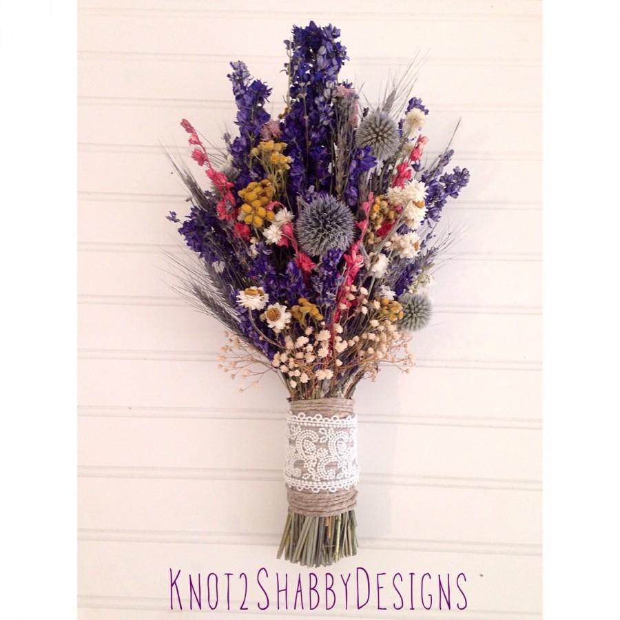 زفاف - Wildflower bouquet - dried flowers - bridal bouquet - rustic - country - bridesmaid bouquets - purple - grey - cream - yellow - wheat - 