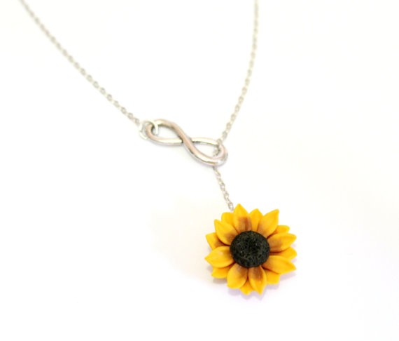 زفاف - Sunflower Infinity lariat Necklace, Yellow Sunflower Bridesmaid, Sunflower Flower Necklace, Bridal Flowers, Sunflower Bridesmaid Necklace
