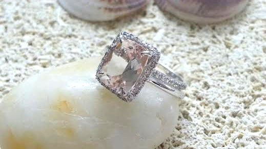 Hochzeit - Unique Natural Morgniit Halo Engagement & Wedding Rings set Solitaire ring Vintage Engagement ring Halo diamond ring Morgnaite ring gemstone