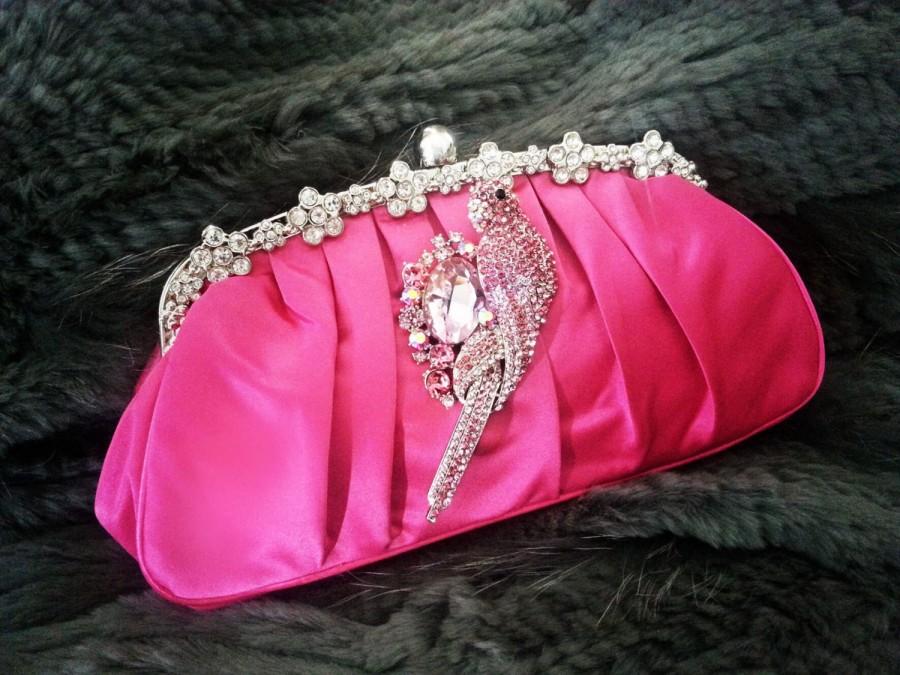 Wedding - Pink Satin Rhinestones Parrot Clutch - Crystal Parrot Wedding Bag - Formal Party Clutch - Bridal and Bridesmaids Purses