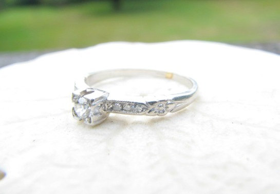 Свадьба - Art Deco Diamond Engagement Ring, Fiery European Cut Diamond, Sweet Platinum Setting with Flower Blossom Details, Circa 1930s