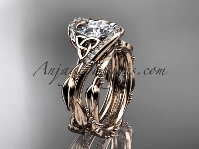 Wedding - 14kt rose gold celtic trinity knot engagement set, wedding ring with "Forever One" Moissanite center stone CT764