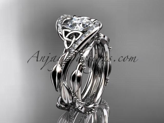 Hochzeit - 14kt white gold celtic trinity knot engagement set, wedding ring with "Forever One" Moissanite center stone CT764S