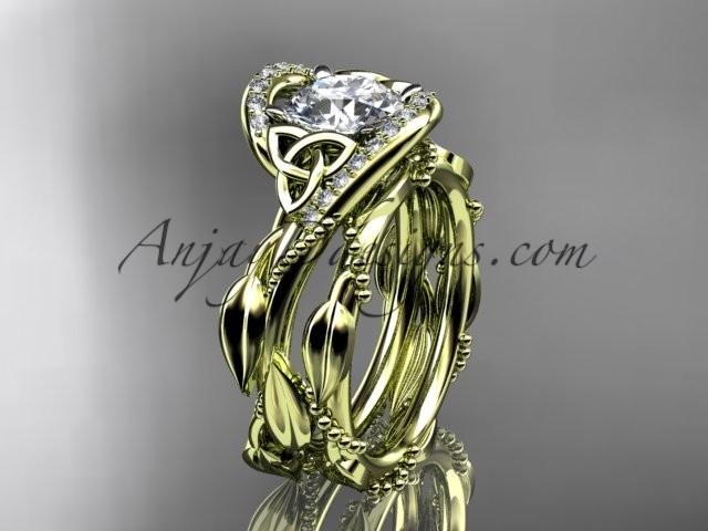 Hochzeit - 14kt yellow gold celtic trinity knot engagement set, wedding ring with "Forever One" Moissanite center stone CT764S