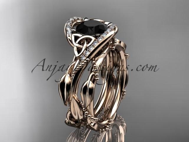 Wedding - 14kt rose gold celtic trinity knot engagement set, wedding ring with Black Diamond center stone CT764S