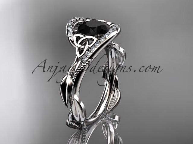 Hochzeit - 14kt white gold celtic trinity knot engagement ring , wedding ring with Black Diamond center stone CT764