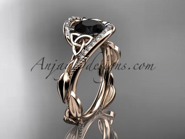Hochzeit - 14kt rose gold celtic trinity knot engagement ring , wedding ring with Black Diamond center stone CT764