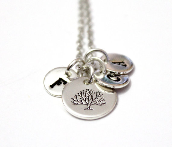 Wedding - Tree of Life Initial Necklace, Family Tree Necklace, Personalized Womens Wife Jewelry Gift, Silver-plated Tree of Life Necklace, Mom Grandma