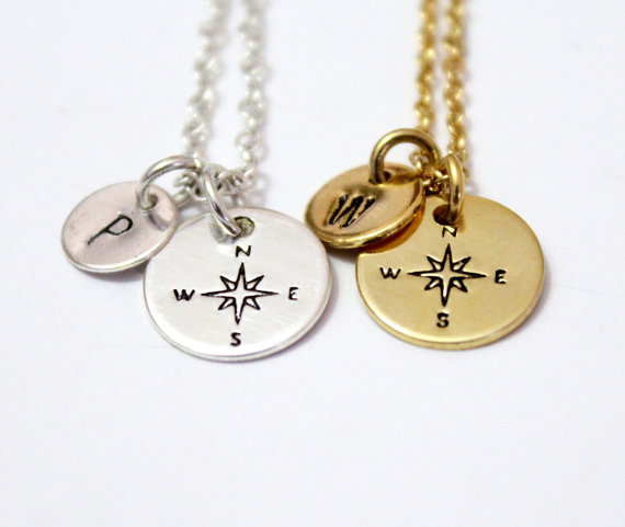 Hochzeit - Personalized compass necklace, 24k Gold Plated compass necklace, Initial necklace, Travel necklace, Graduation gift, Friendship necklace