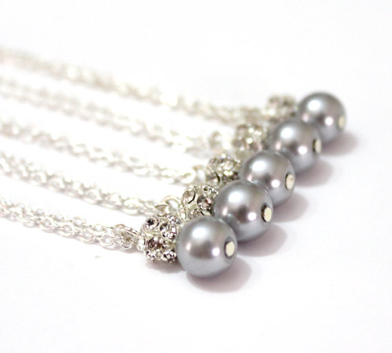 Hochzeit - Set of 6 Bridesmaid Necklaces,Sterling Silver Chain,Pearl and Rhinestone Necklaces, Pearl Necklaces,6 Pearl and Crystal Necklaces Gift Ideas