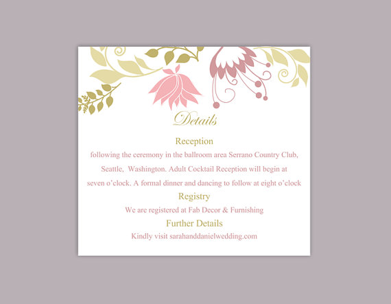 Mariage - DIY Wedding Details Card Template Editable Word File Download Printable Details Card Floral Pink Details Card Elegant Information Card