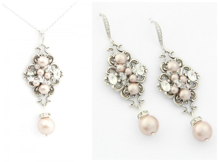 Hochzeit - Wedding jewelry set , blush bridal jewelry, necklace and earrings pearl bridal set