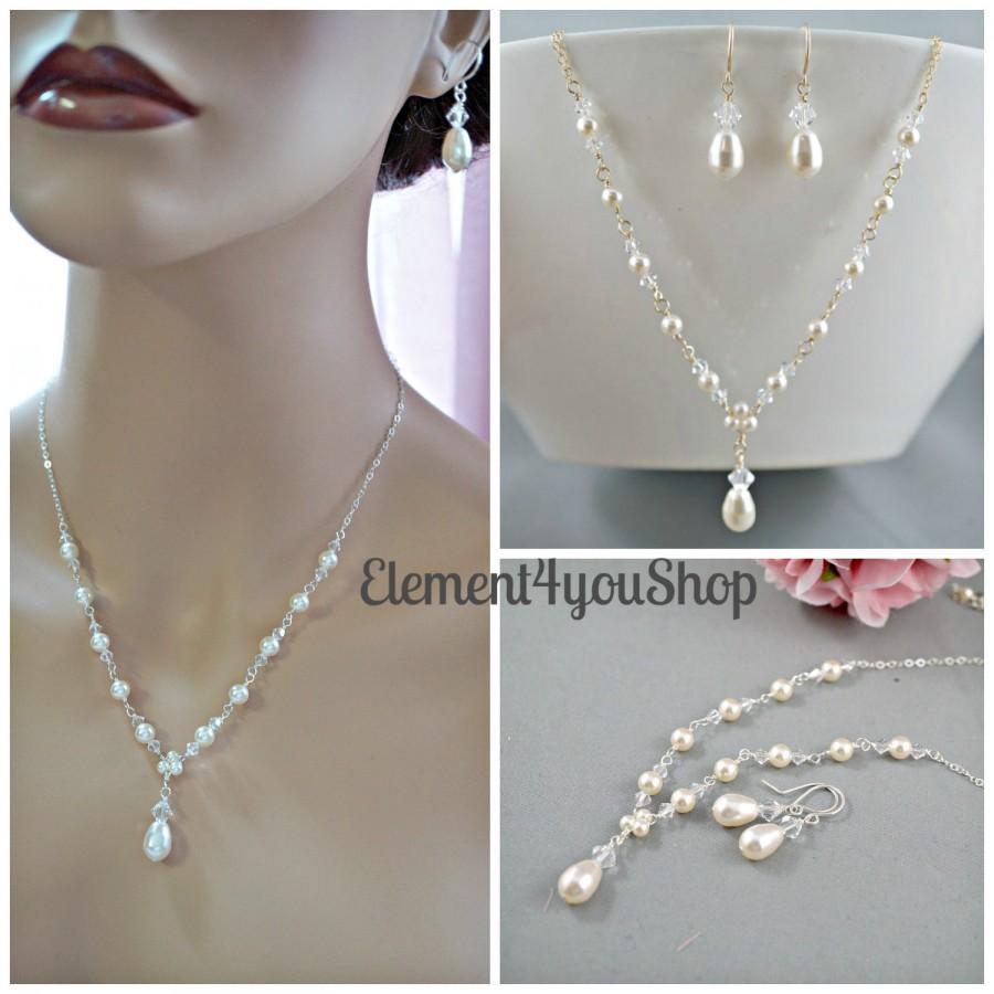 زفاف - Bridal necklace earrings set, 14K gold filled jewelry, Swarovski cream ivory white pearls crystals, Wedding jewelry, Delicate simple jewelry