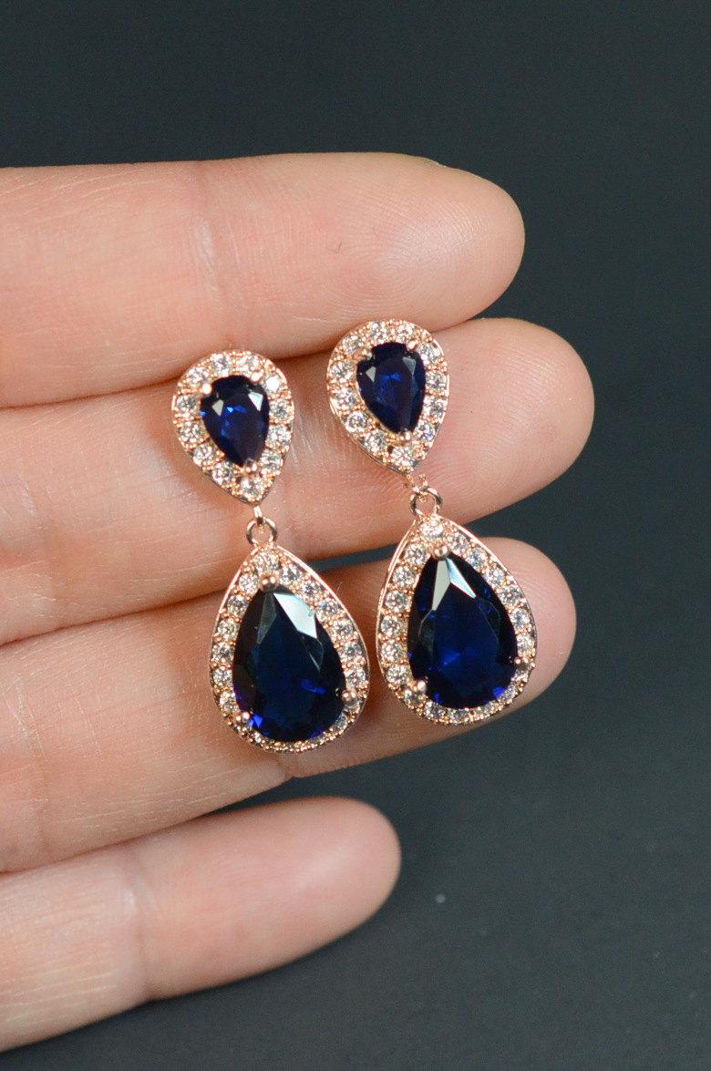 Hochzeit - navy blue ROSE GOLD Wedding Jewelry Bridesmaid Gift Bridesmaid Jewelry Bridal Jewelry Drop Earrings Cubic dangle Earring,bridesmaid gift