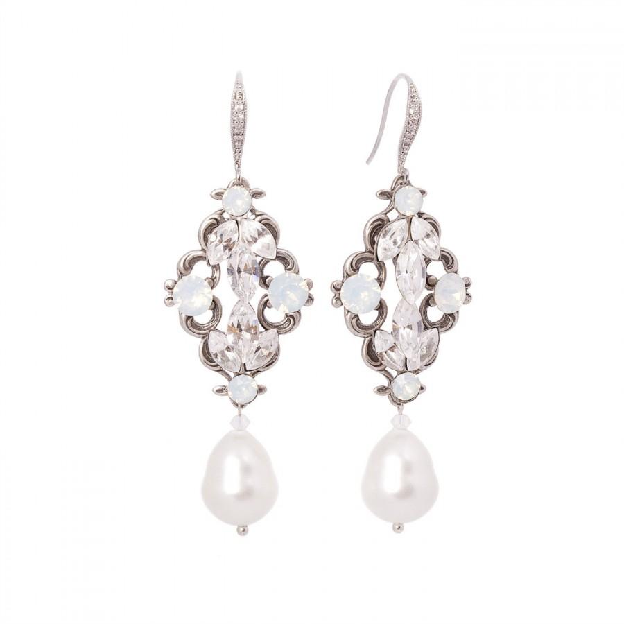 Wedding - Opal Chandelier Earrings, Crystal Bridal Earrings, Dangle Wedding Earrings, Chandelier Crystal Earrings,  Bridal Jewelry ,Perl Drop Earrings