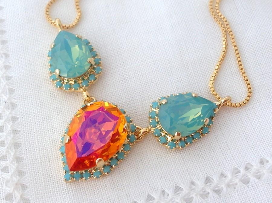 زفاف - Pink orange Pacific opal and turquoise Swarovski crystal necklace,  Statement necklace, Bridal necklace, Bridesmaid gift, bib necklace