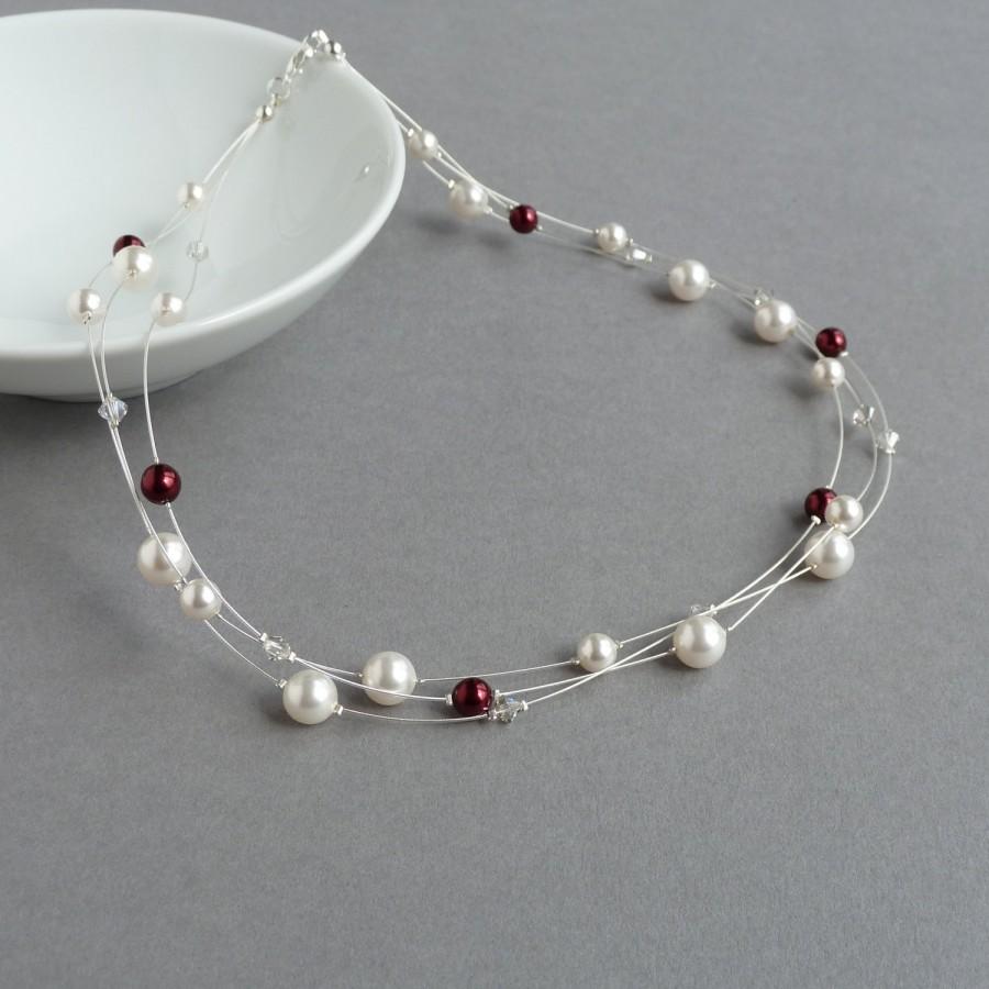 زفاف - Ivory and Claret Floating Pearl Necklace - Ivory and Deep Red Bridesmaids Jewellery - White Swarovski Pearl Bridal Necklaces