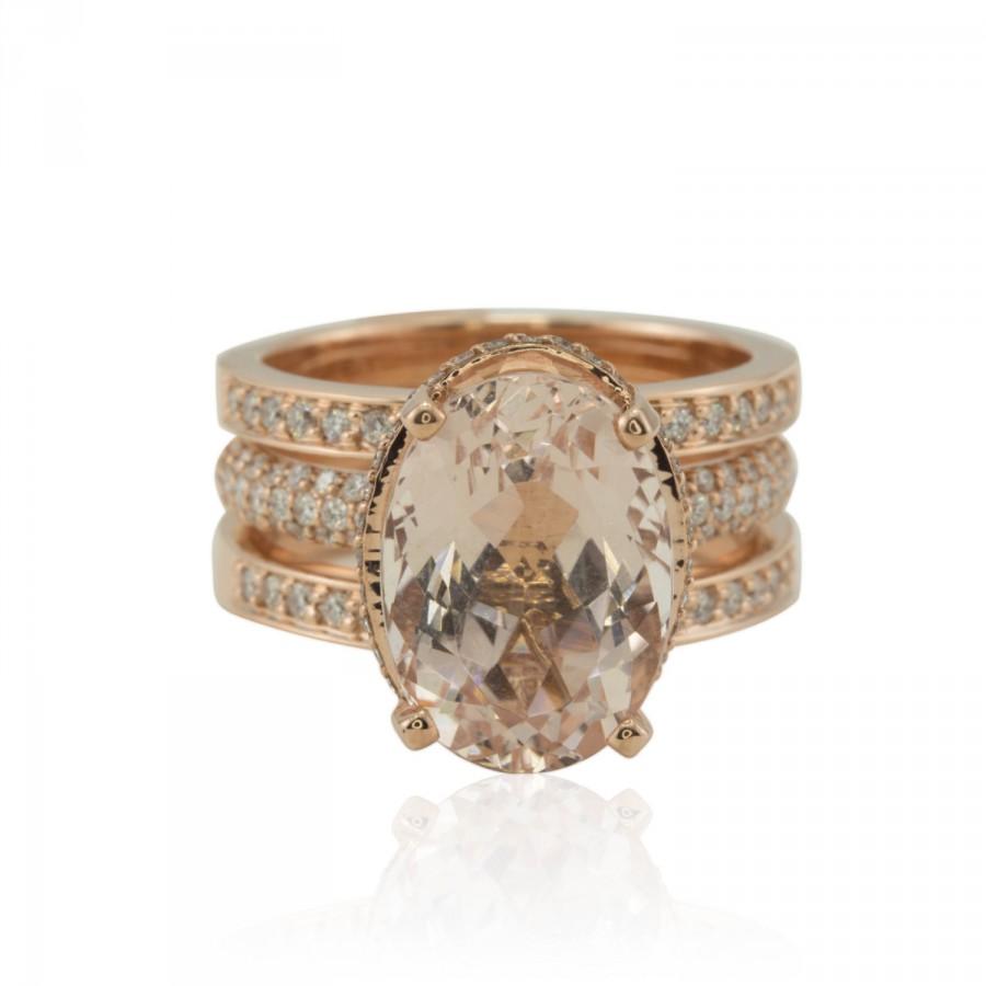 Hochzeit - Rose Gold Morganite Halo Ring, 7 carat Morganite Engagement Ring, Oval Morganite Engagement Ring, Rose Gold Morganite Wedding Set - LS2868