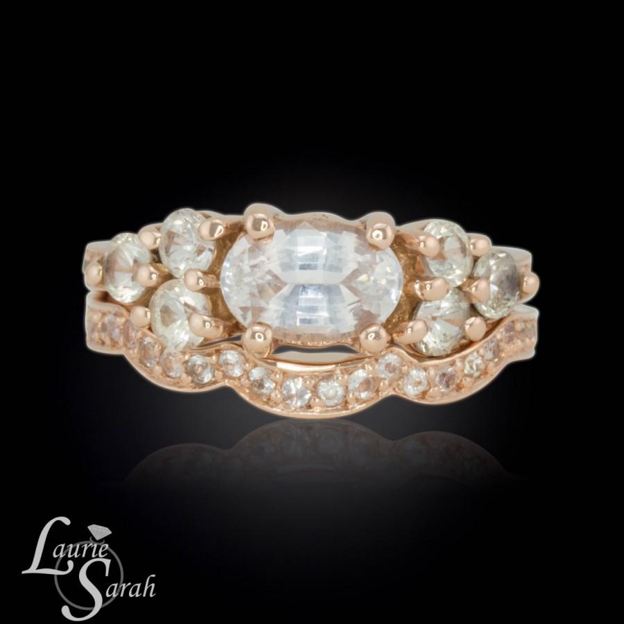 زفاف - White Sapphire Wedding Set in 14kt Rose Gold - Hand Carved - Perfect Diamond Alternative - LS1421