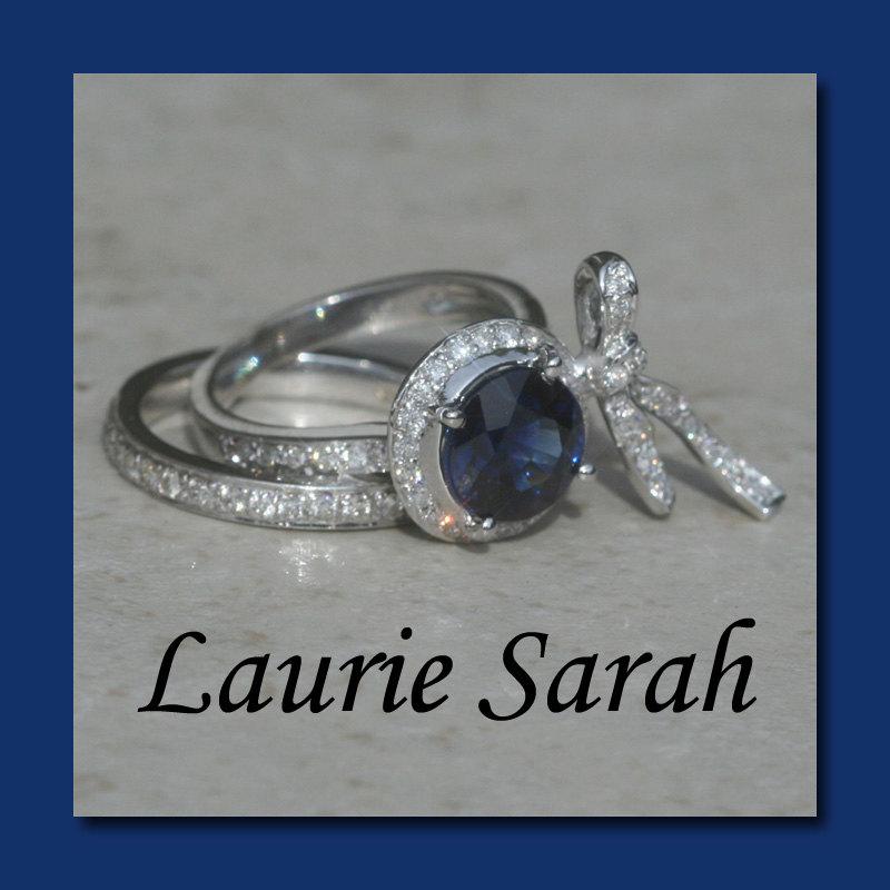 Wedding - Blue Sapphire and Diamond Bow Ring with Matching Pave Set Wedding Band - LS775