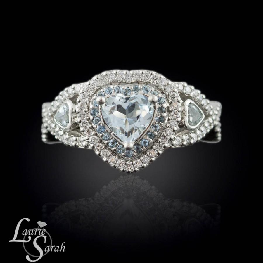 Wedding - Three Stone Aquamarine Heart Platinum Engagement Ring with Diamond Double Halo - March Birthstone - LS1346