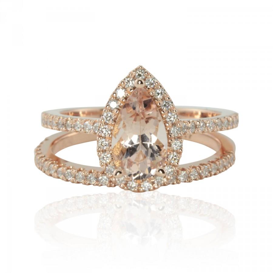 Wedding - Pear Shaped Morganite Engagement Ring, Pear Cut Morganite Engagement Ring, Diamond Halo Engagement Ring, Morganite Engagement Set - LS3496