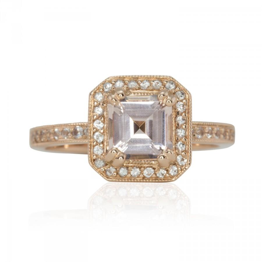 Hochzeit - Morganite Engagement Ring, Sapphire Halo Engagement Ring, Morganite Ring, Asscher Engagement Ring, White Sapphire Engagement Ring - LS2064