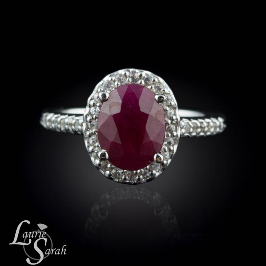 زفاف - Ruby Engagement Ring with Oval White Sapphire Halo - LS868