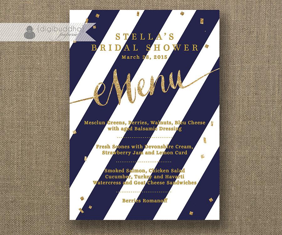 Свадьба - BRIDAL SHOWER MENU Navy + Gold Wedding Menu Stripes Rehearsal Dinner Faux Glitter Hens Party Bold Modern DiY Printable or Ready Made- Stella