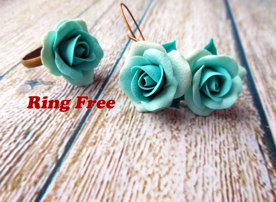 Wedding - Turquoise Set Earrings and Ring Vintage style with Turquoise rose handmade of polymer clay / Floral Jewelry bridesmaid for Turquoise wedding