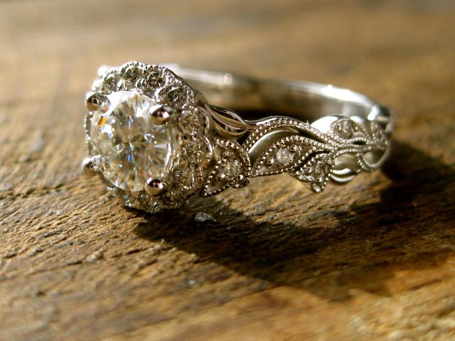 زفاف - Forever Brilliant Moissanite Engagement Ring in 14K White Gold with Diamonds in Halo Flower Buds and Leafs Size 7