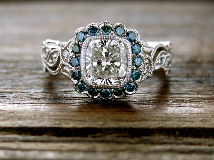Wedding - 1 CT Cushion Cut Diamond Engagement Ring in 14K White Gold with Teal Blue Diamonds in Vine Motif Setting Size 6.5