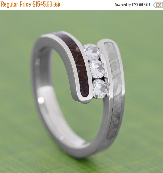 زفاف - Wedding Sale Three Stone Moissanite Engagement Ring, White Gold Ring With Partial Dinosaur Bone and Meteorite Inlays, Tension Set Ring