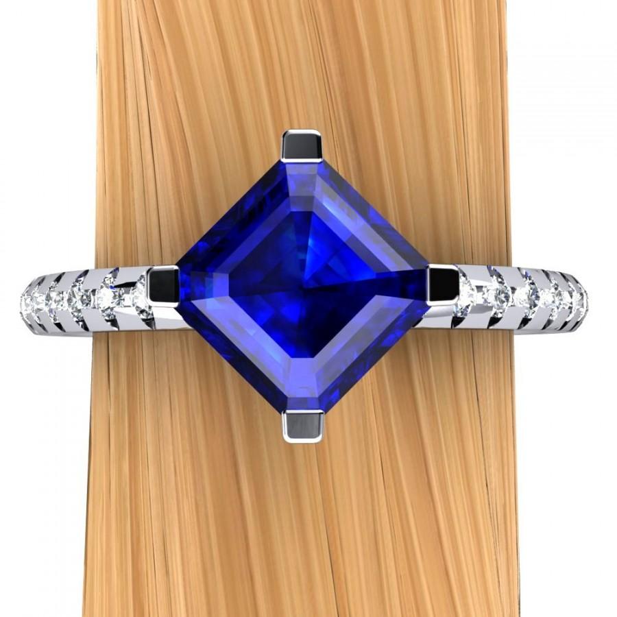 زفاف - Asscher Blue Sapphire Engagement Ring, Modern Melee Setting, 14k Gold or Palladium - Free Gift Wrapping