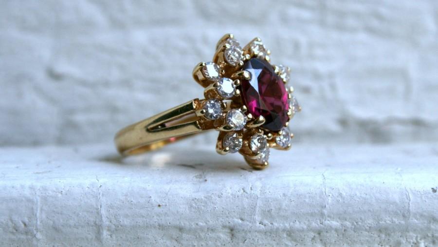 Hochzeit - Vintage 14K Yellow Gold Diamond and Pink Tourmaline Cluster Engagement Ring - 3.90ct.