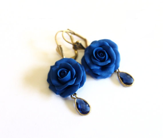 Hochzeit - Blue Rose Drop Earrings, Royal Blue flower drop earrings, Blue jewelry, Blue Rose Wedding Earrings, Blue Bridesmaid Jewelry, Bridal Flowers
