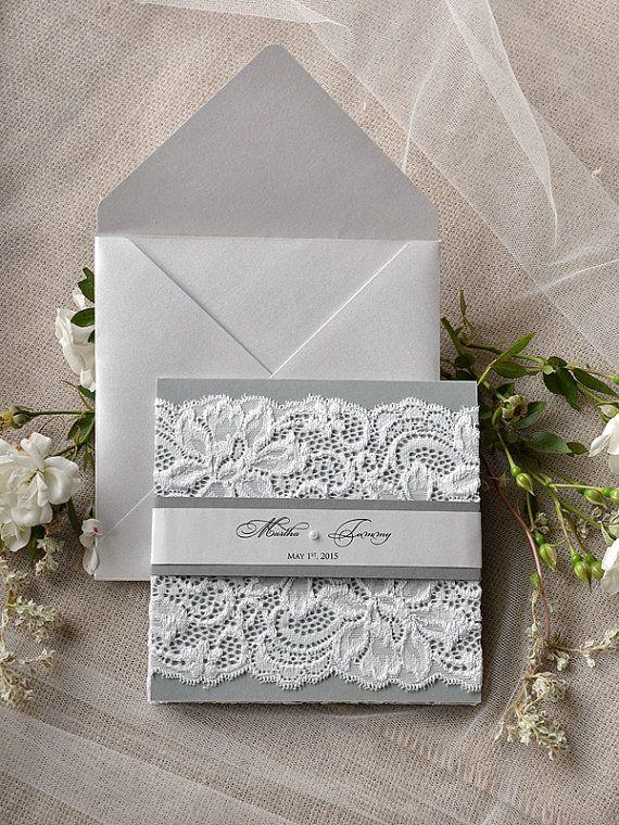 Hochzeit - Custom Listing (23) Silver And Grey Wedding Invitation, Lace Wedding Invitations, Vintage Grey Wedding Invitation 4lovepolkadotslkadots
