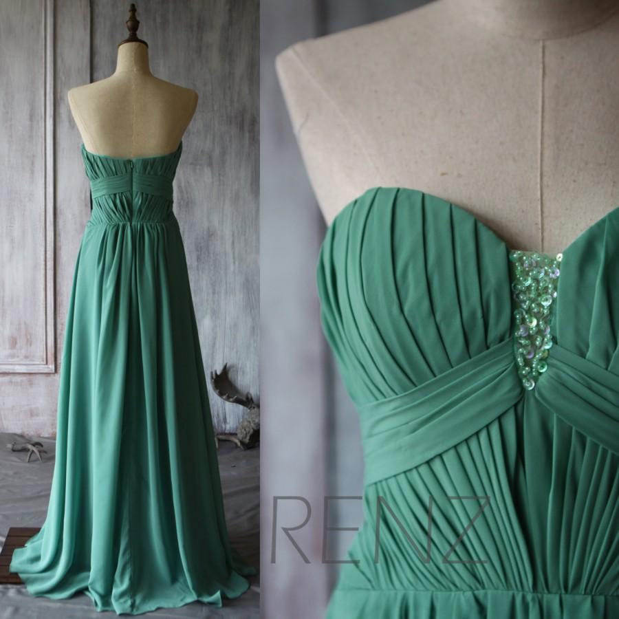 Mariage - 2015 Sea Green Bridesmaid dress, Beaded Wedding dress, Strapless Ruched Chiffon Prom dress, Womens Formal dress Long floor length (T001)