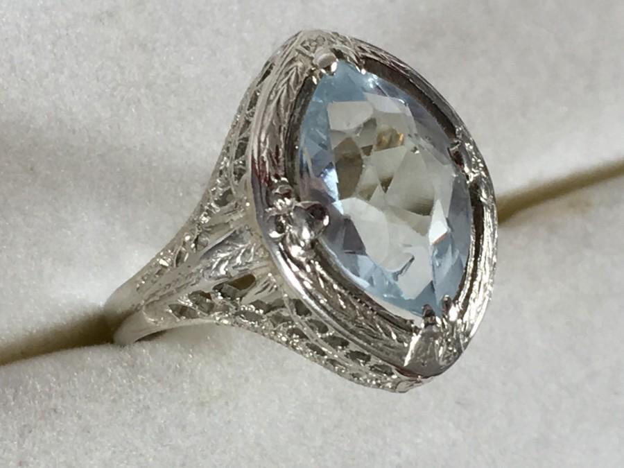 Wedding - Vintage Aquamarine Ring with 14k White Gold Filigree Setting. 2+ Carat. Unique Engagement Ring. March Birthstone. 19th Anniversary Gift.