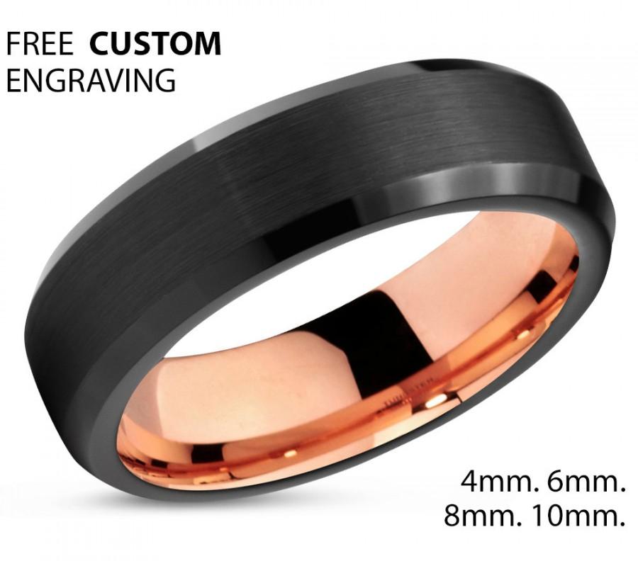 Wedding - Black Tungsten Ring Rose Gold Wedding Band Ring Tungsten Carbide 6mm 18K Tungsten Ring Man Wedding Band Male Women Anniversary Matching