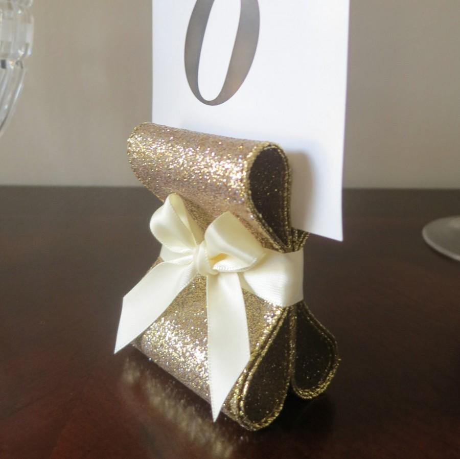 زفاف - Table Number Holders - Wedding Decor - Ten (10) with Golden Glitter & Ivory Satin Ribbon - Customize Your Colors
