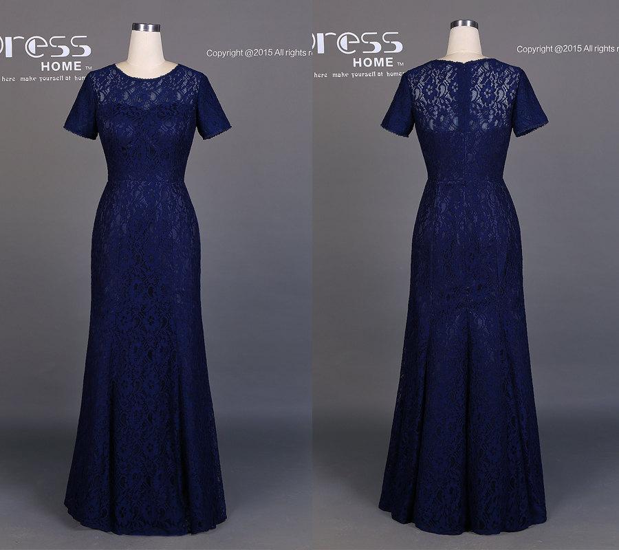 Wedding - 2015 Navy Short Sleeves Lace A Line Long Bridesmaid Dress/Mother of the Brides Dress/Wedding Party Dress/Elegant Simple Lace Wedding DH322