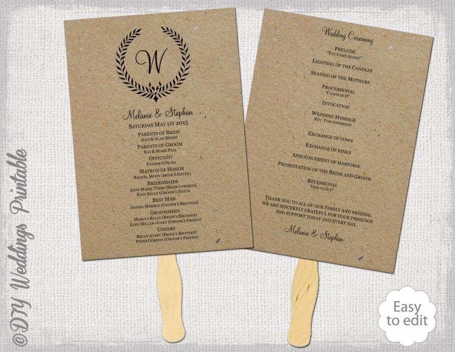زفاف - Rustic Wedding fan program template "Leaf Garland" DIY order of ceremony printable program fan YOU EDIT digital download for kraft paper