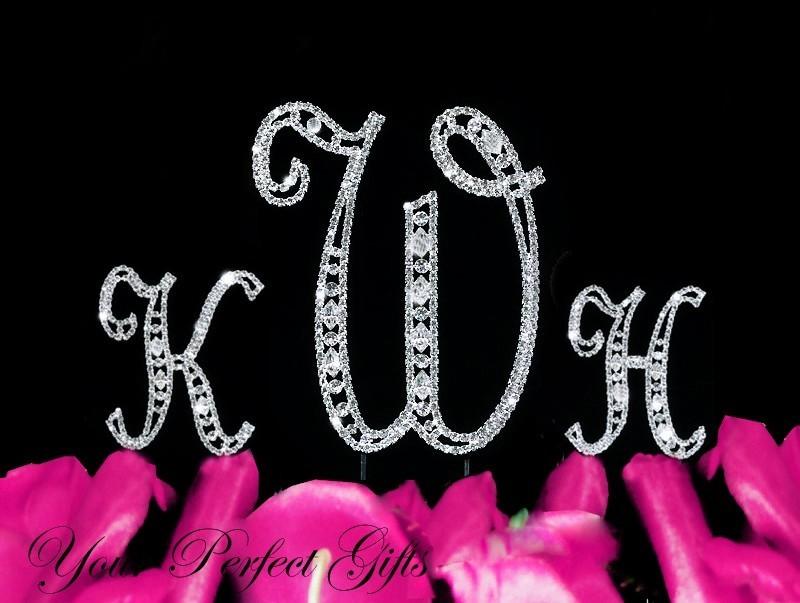 Wedding - Rhinestone Crystal Cake Topper Monogram Wedding Party Initial Letter Silver Birthday Anniversary 3pcs CT066