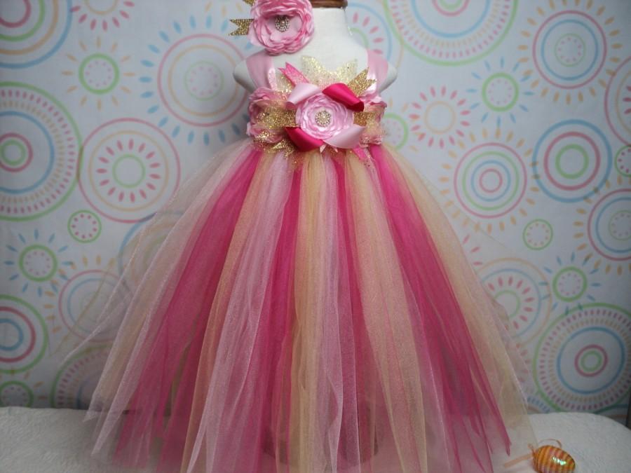 زفاف - Ready to ship for baby to 2T 3T toddler girl pink gold tutu dress w/headband wedding cake smash first birthday pageant princess photo prop
